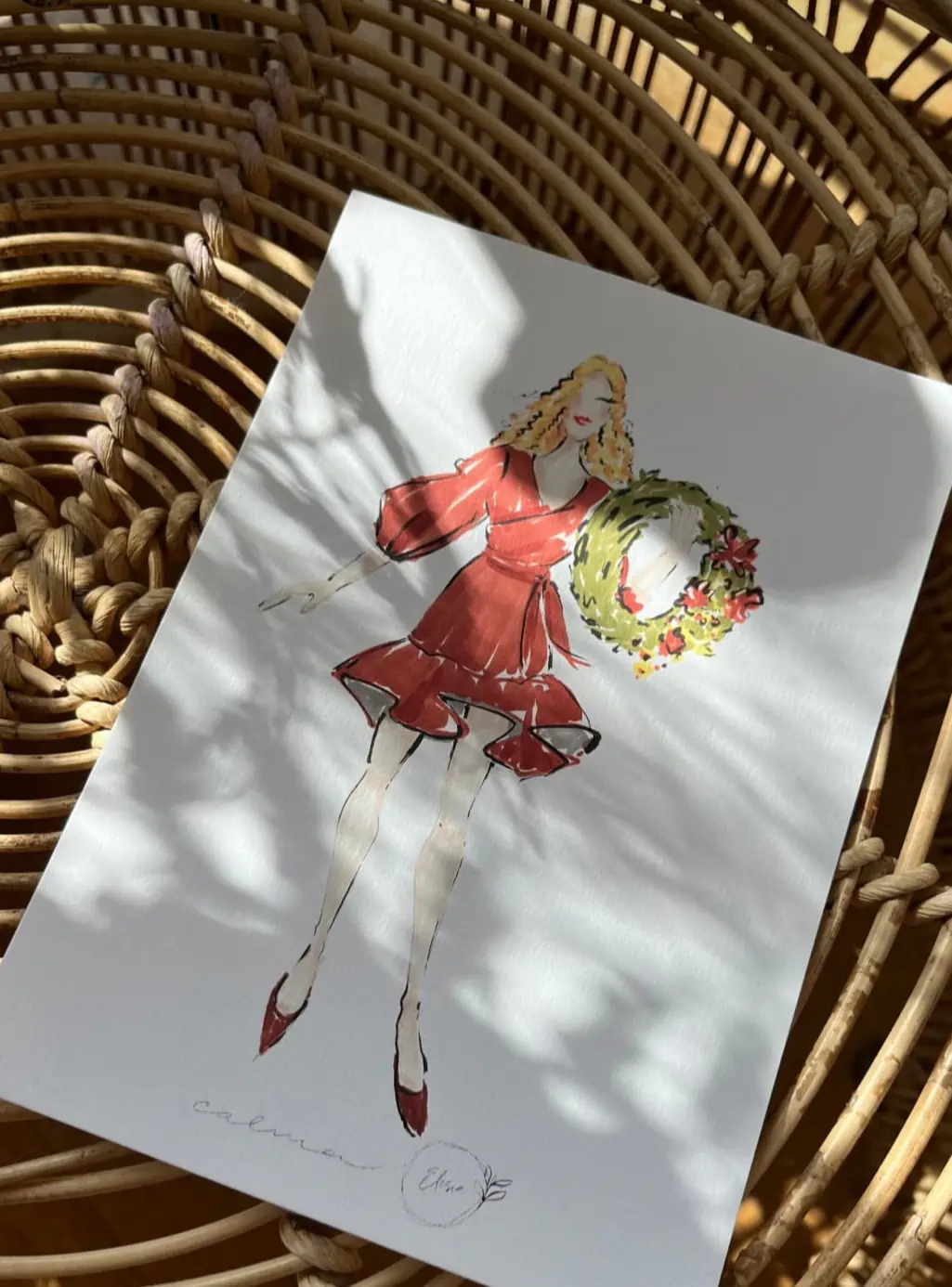 Illustration of a woman with a basket of flowers