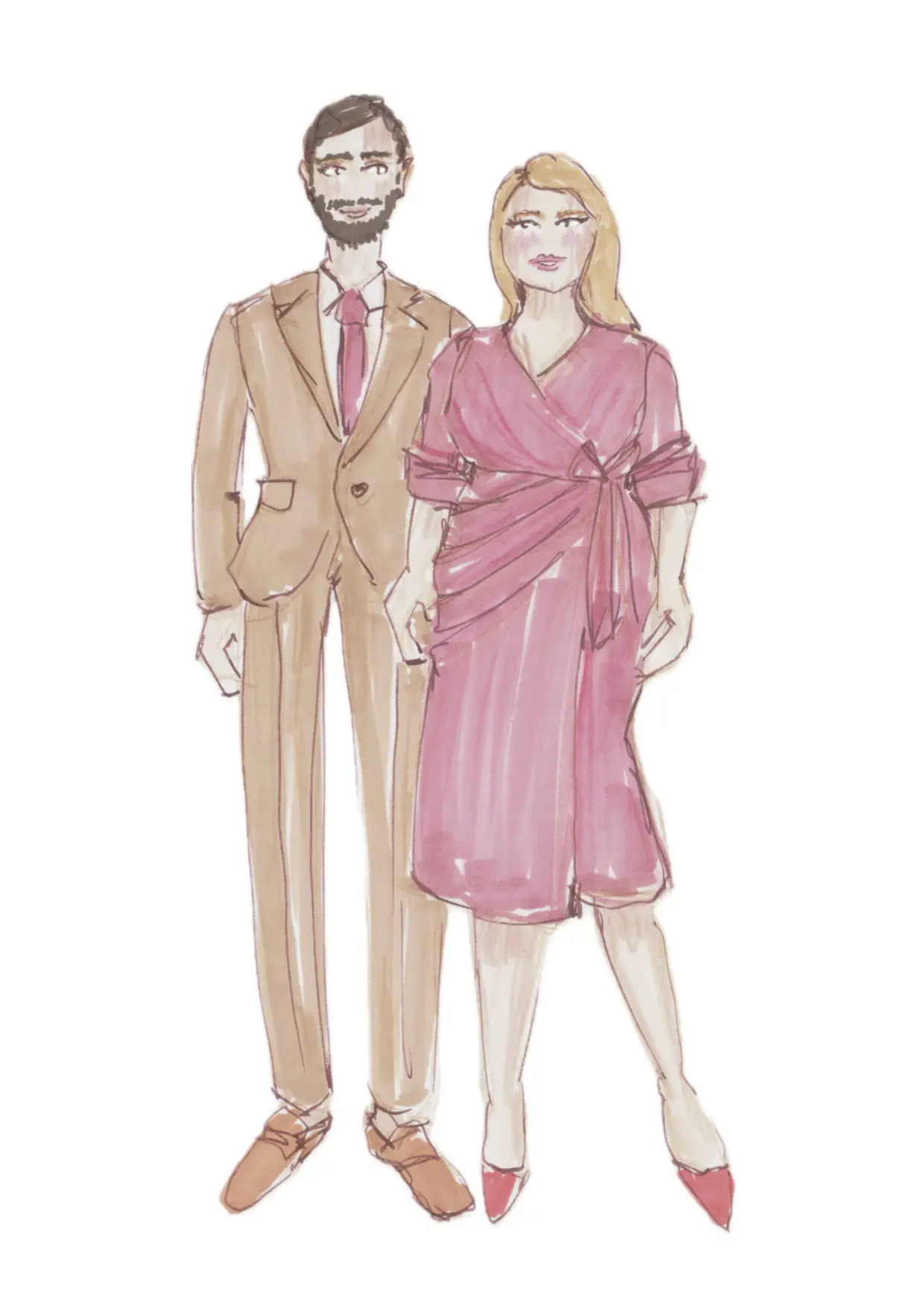 Drawing of a wedding couple in beige and pink