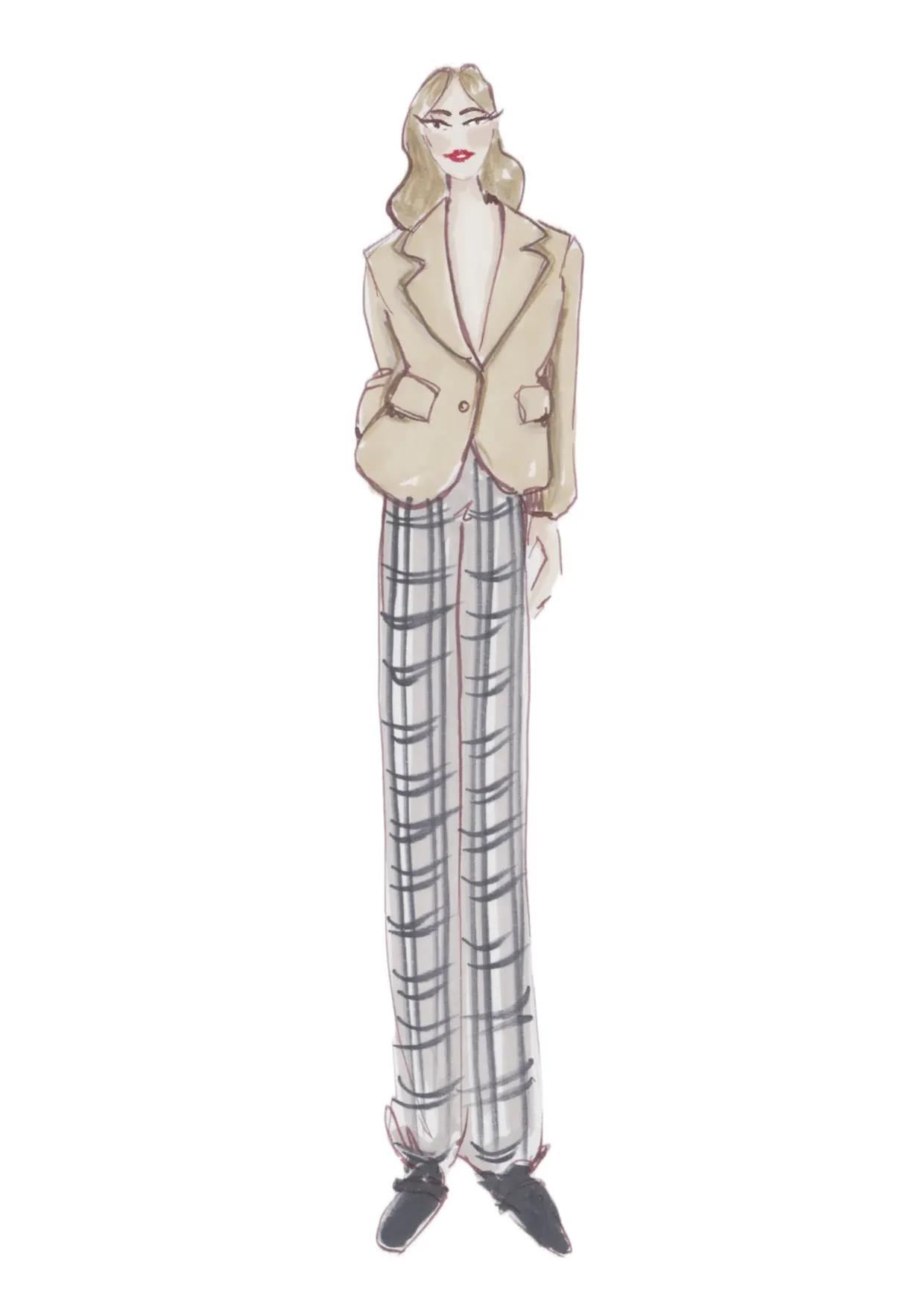 Drawing of a woman in checkerboard pants