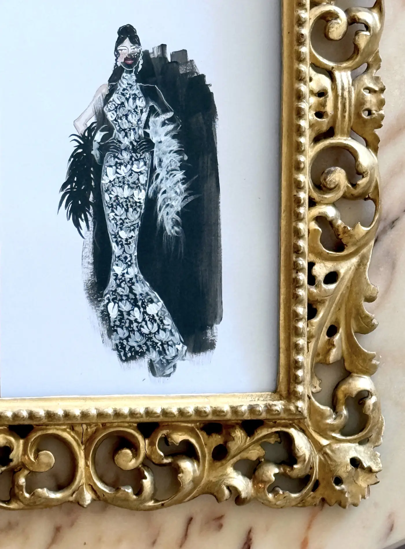 Framed black and white fashion commission drawing by Eva Kovacik
