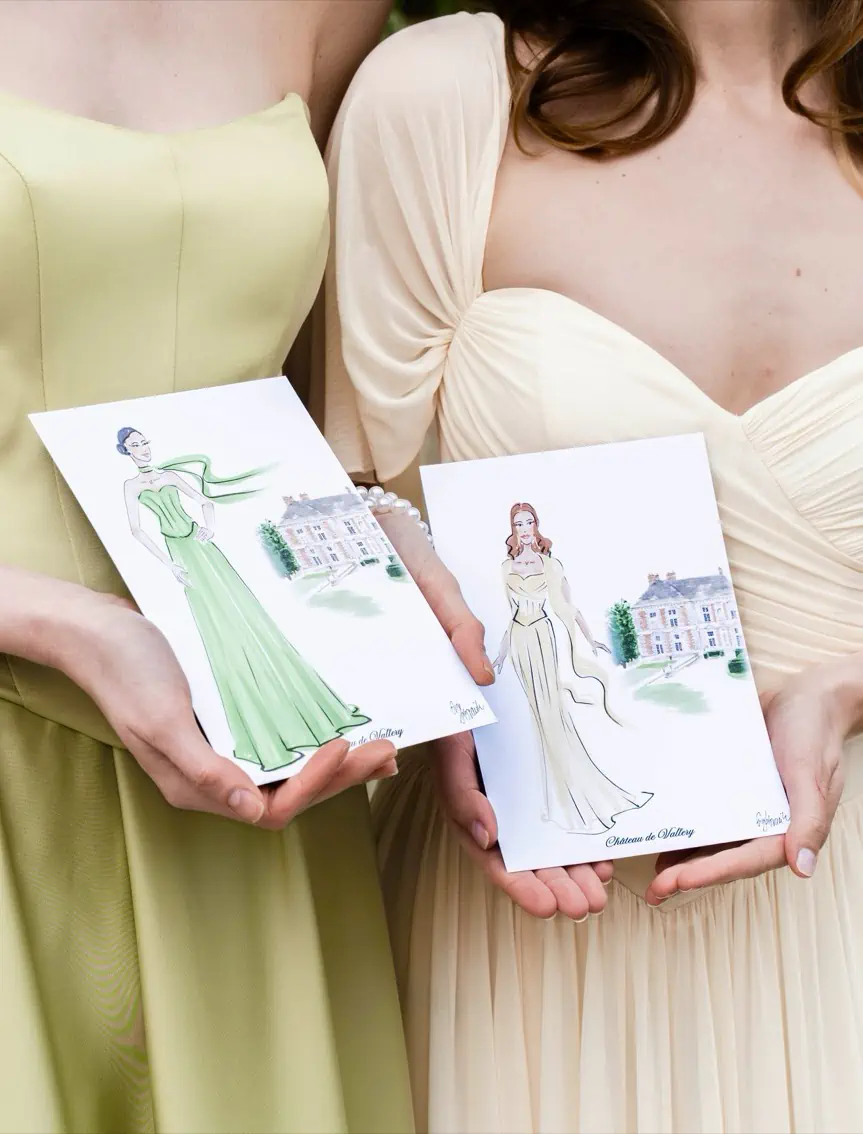 Guests holding their live illustration sketches at an event