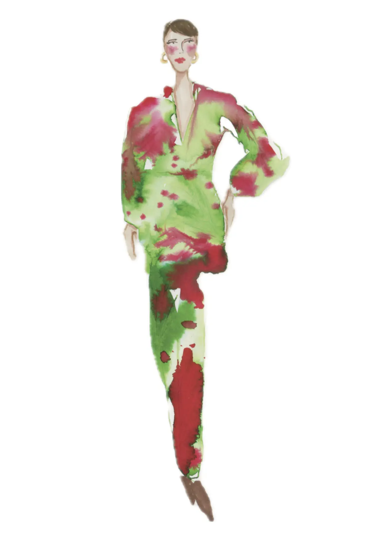 Ink illustration of a red and green outfit