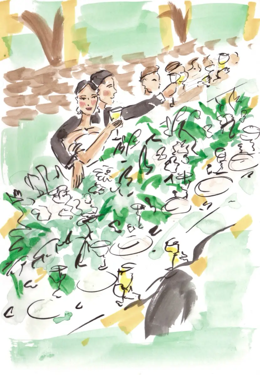 Fashion sketch of the couple at the wedding toast